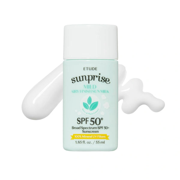 إيتود صن برايز ميلد إيري فينيش صن ميلك SPF50+ PA++++ — حماية معدنية من الأشعة فوق البنفسجية بدرجة SPF50+ PA++++؛ العبوة والقوام بخلفية بيضاء.