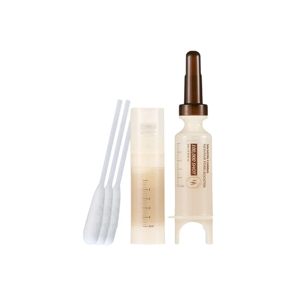 Heveblue Salmon Caring Newpair PDRN Booster 100,000 Shot Essence — 5 ml essence, dispenser container and included cotton applicators