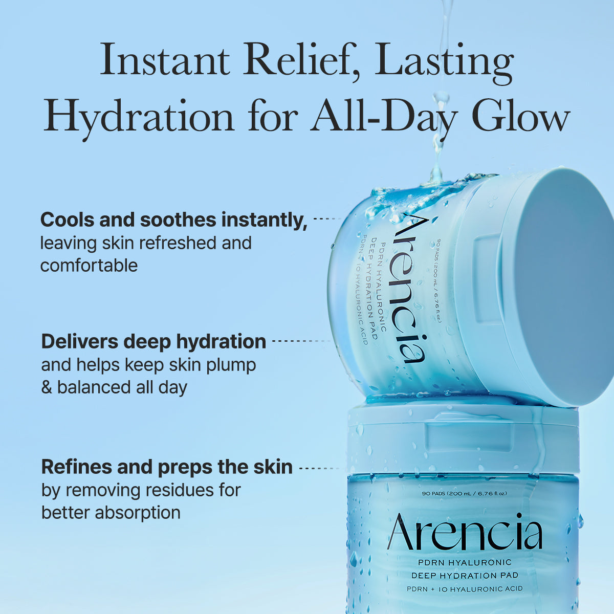 Arencia PDRN Hyaluronic Deep Hydration Pads 90 pads / 200 ml - formula and texture presentation