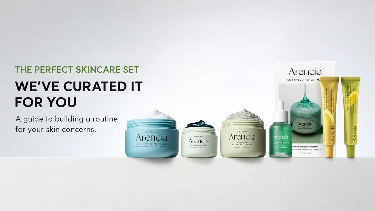 Arencia skincare routine with cleanser, serum, moisturizer and masks