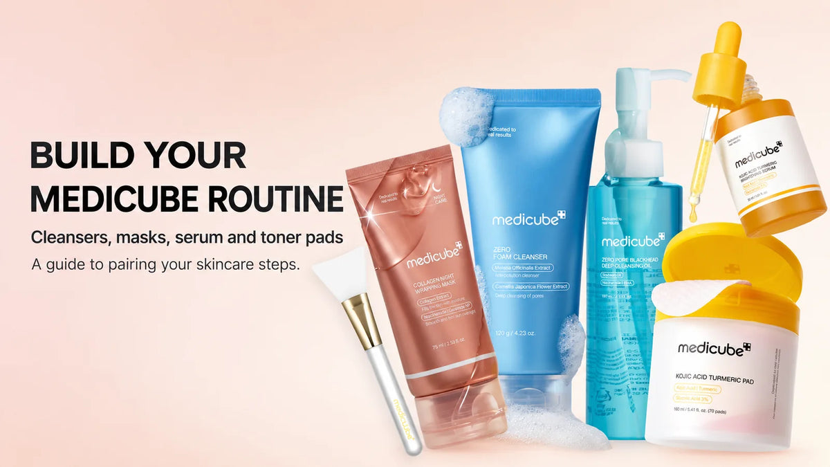 Medicube skincare routine with cleansers, wrapping mask, serum and toner pads