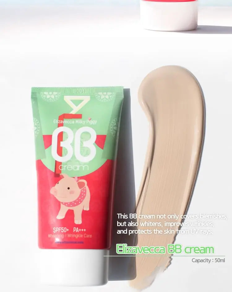 Elizavecca Milky Piggy BB Cream beige texture swatch showing blendable, creamy coverage