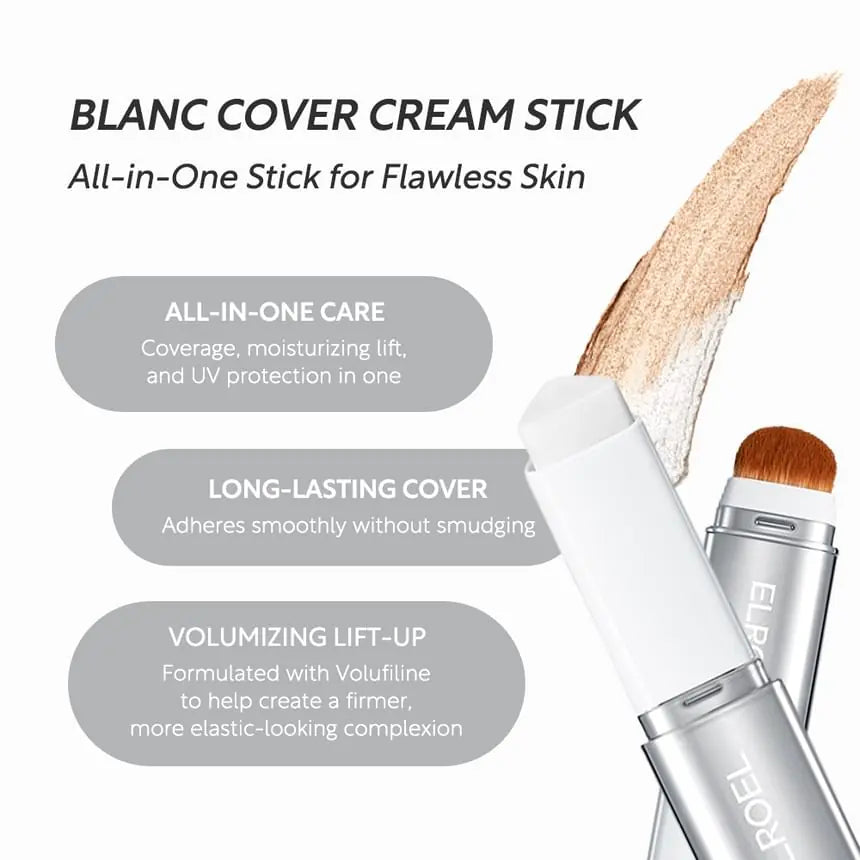 Benefit graphic for Elroel Blanc Cover Cream Stick Medium showing its creamy coverage and brush