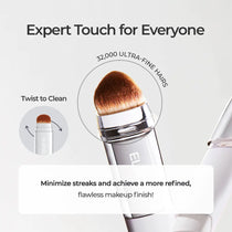 V brush graphic showing dense bristles and twist-to-clean design