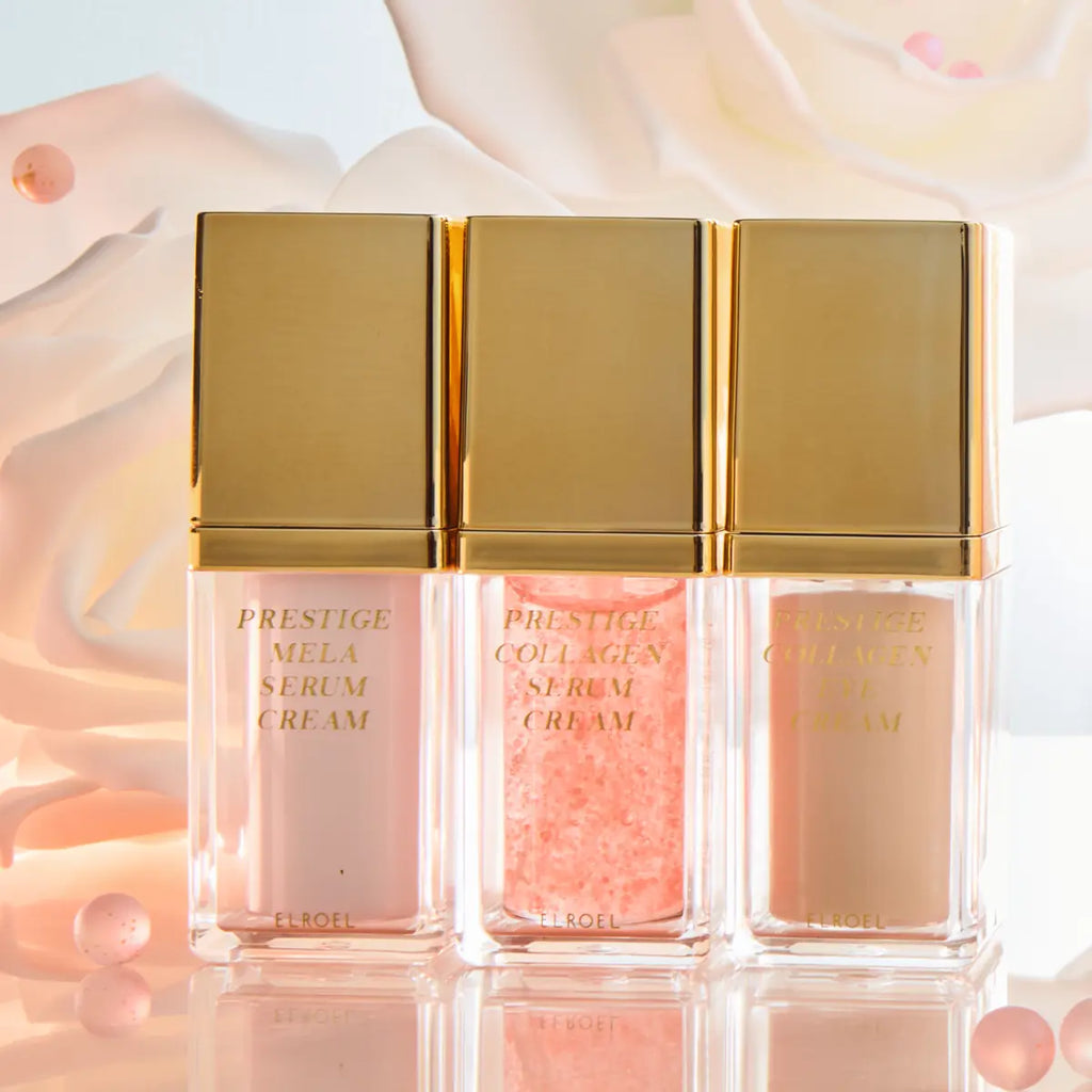 Elroel Prestige Collagen Eye Cream photographed with other Prestige skincare products