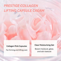 Pink capsule and clear gel benefit graphic for Elroel Prestige Collagen Lifting Capsule Cream