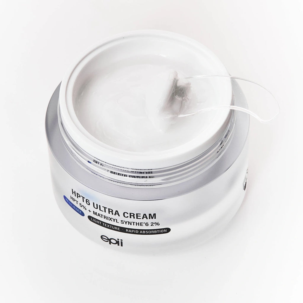 epii HPT6 Ultra Cream 5% — Nourishing cream for face and neck; open jar and cream.
