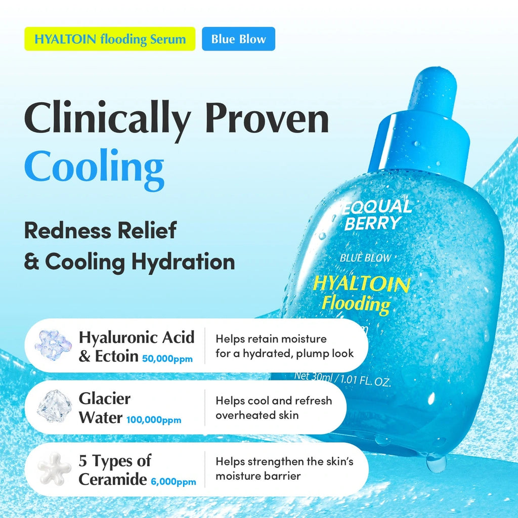 Eqqualberry BLUE BLOW Hyaltoin Flooding Serum — Supports the moisture barrier with ceramides; | Hyaluronic acid and ectoin formula overview