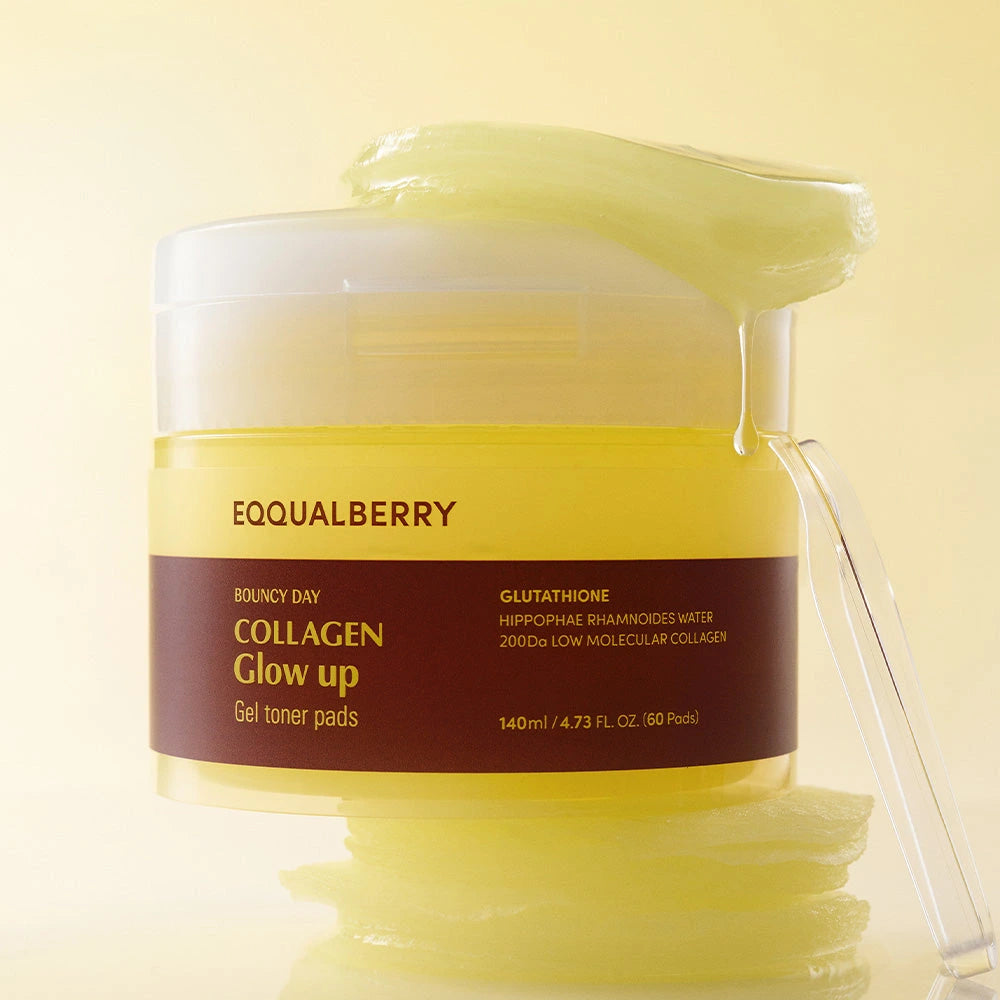 Eqqualberry BOUNCY DAY Collagen Glow Up Gel Toner Pads — Can be used as a swipe-on toner or a targeted mini mask; | Open jar with gel essence and tweezers