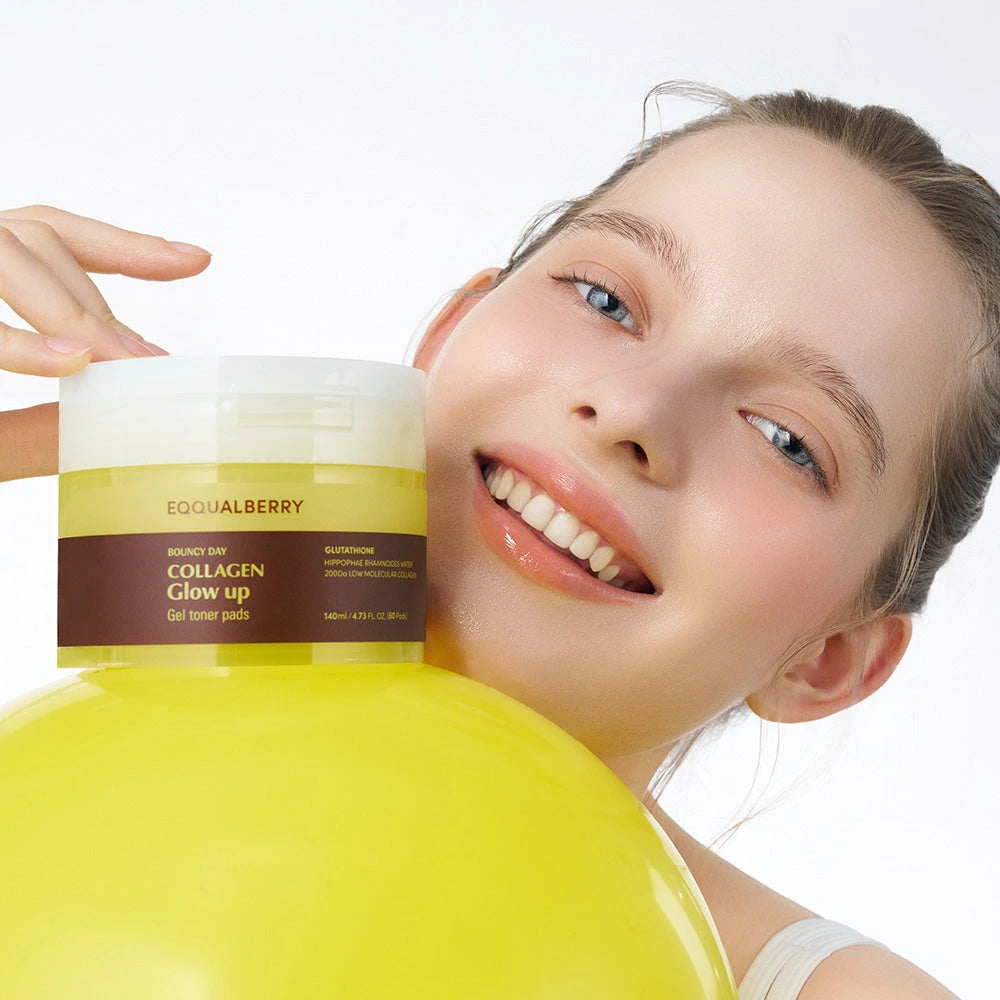 Eqqualberry BOUNCY DAY Collagen Glow Up Gel Toner Pads — Provides hydration and a soft, supple feel; | Model with yellow toner pad jar