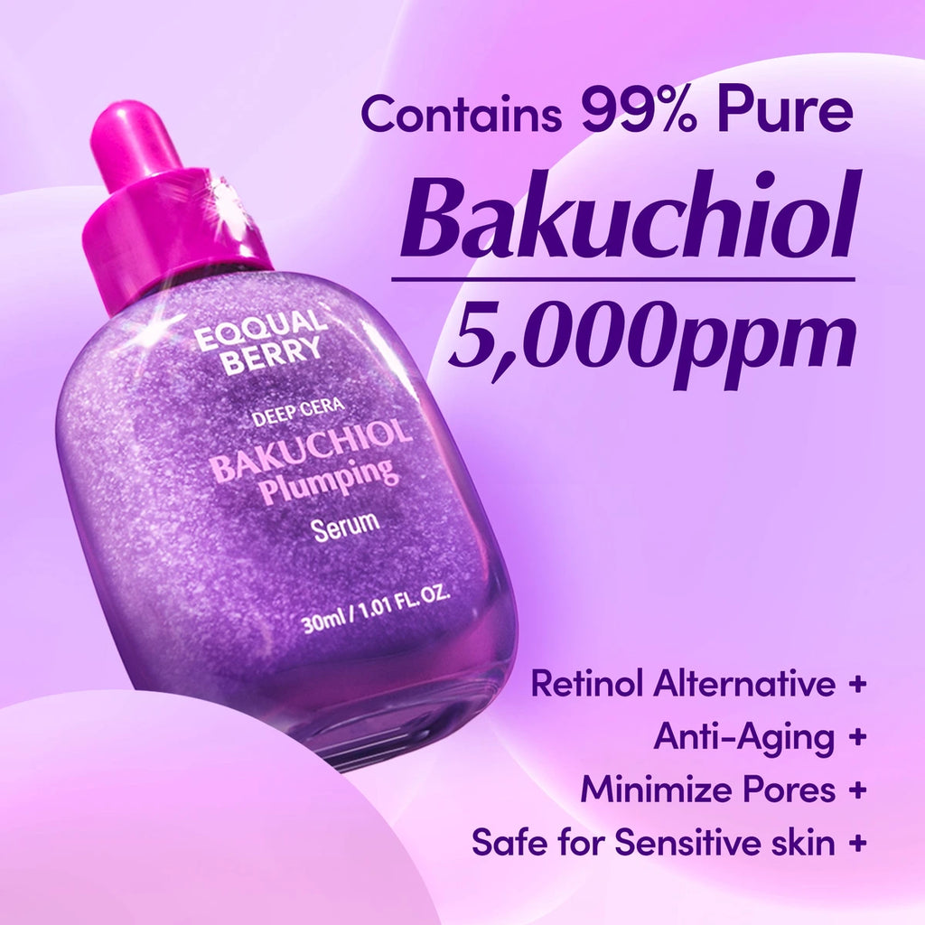 Eqqualberry DEEP CERA Bakuchiol Plumping Serum — Helps refine the appearance of visible pores; | Bakuchiol ingredient infographic