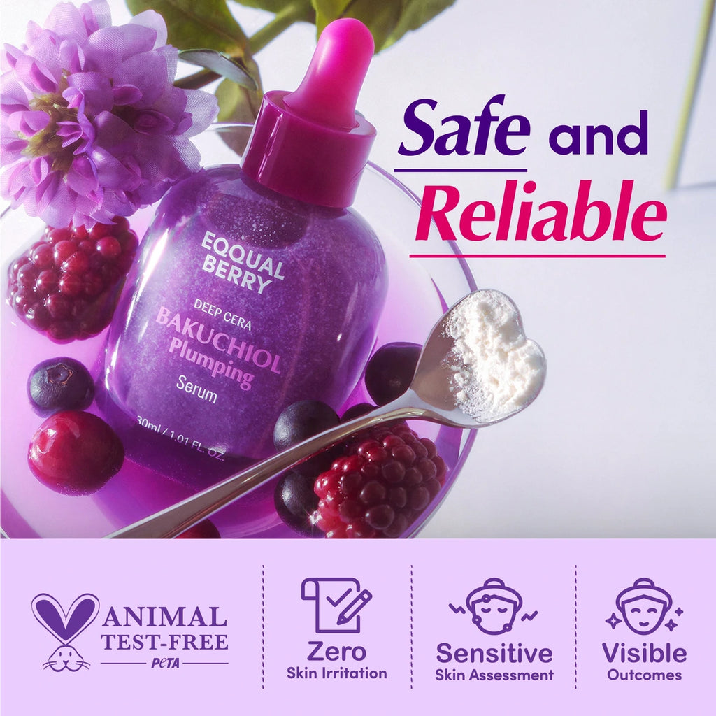 Eqqualberry DEEP CERA Bakuchiol Plumping Serum — Helps refine the appearance of visible pores; | Serum formula attributes infographic
