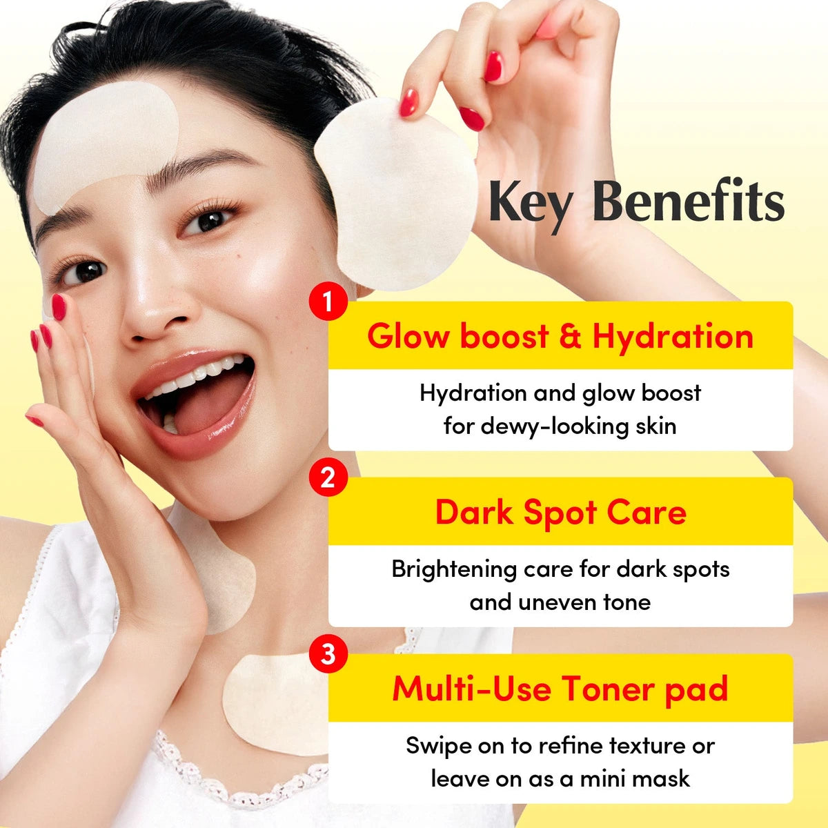Eqqualberry Vitamin illuminating Toner Pads — Can be used on targeted areas as a five-to-ten-minute mini mask; | Model and toner pad benefits overview