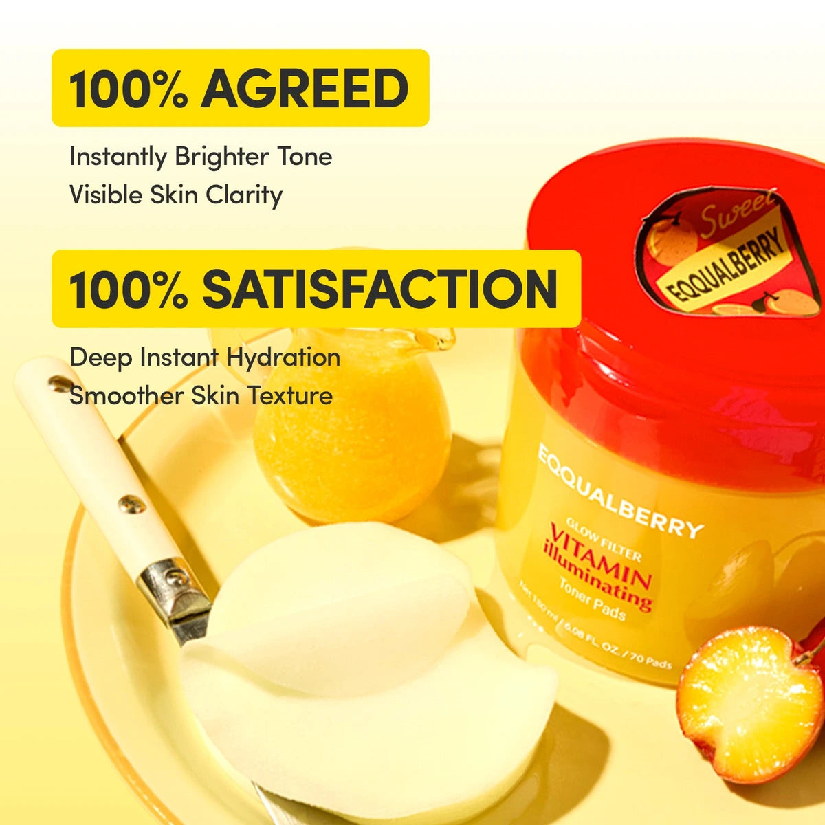 Eqqualberry Vitamin illuminating Toner Pads — Supports care for visible dark spots and uneven-looking tone; | Brand consumer satisfaction infographic