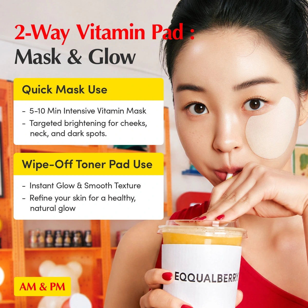 Eqqualberry Vitamin illuminating Toner Pads — Can be used on targeted areas as a five-to-ten-minute mini mask; | Swipe-on and mini-mask application guide