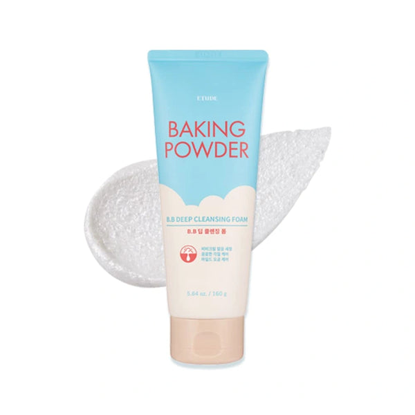 ETUDE Baking Powder BB Deep Cleansing Foam — Helps remove BB makeup, impurities and daily buildup; white-background tube and foam.