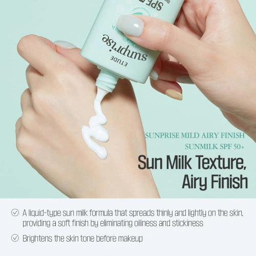 ETUDE Sunprise Mild Airy Finish Sun Milk SPF50+ PA++++ — Mineral UV protection with SPF50+ PA++++; application guide.
