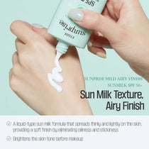 ETUDE Sunprise Mild Airy Finish Sun Milk SPF50+ PA++++ — Mineral UV protection with SPF50+ PA++++; application guide.