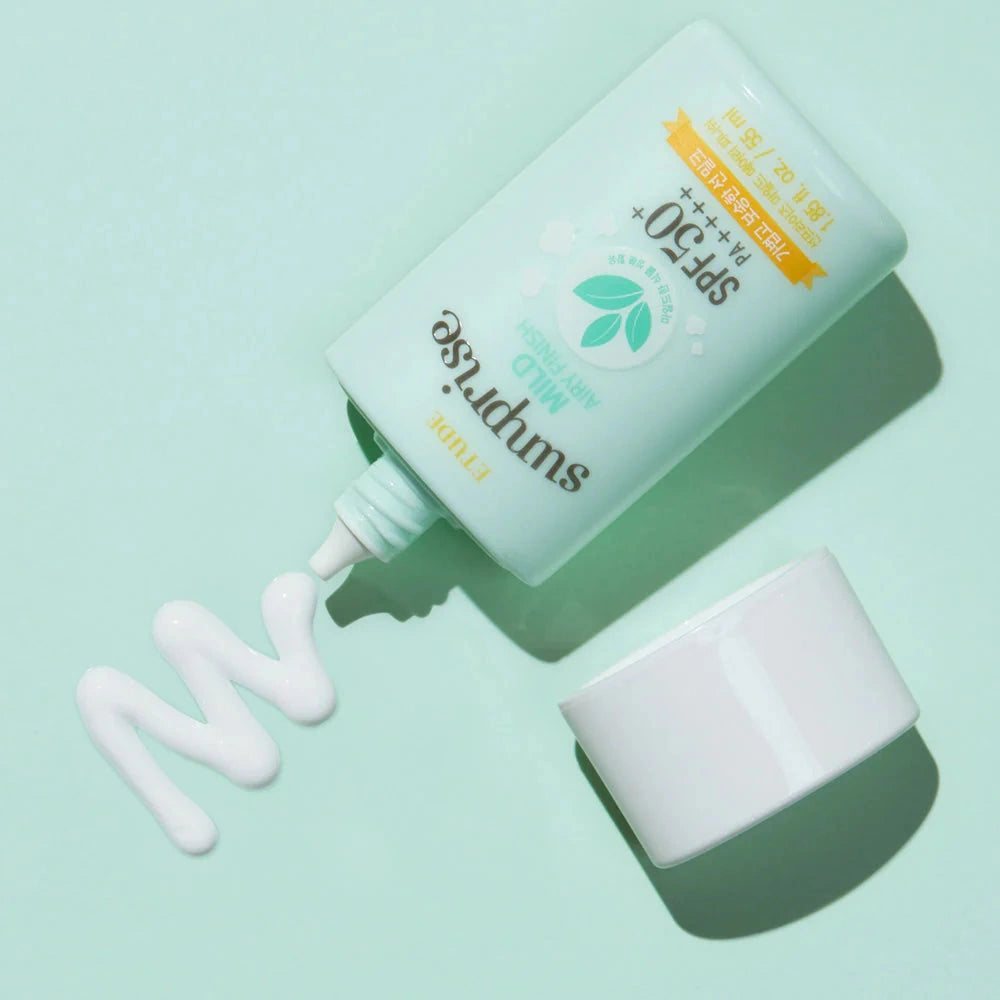 ETUDE Sunprise Mild Airy Finish Sun Milk SPF50+ PA++++ — Contains moisturising plant extracts and sodium hyaluronate; bottle and fluid texture.