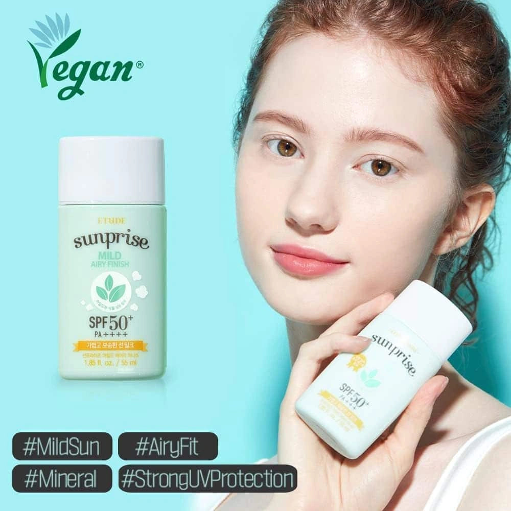 ETUDE Sunprise Mild Airy Finish Sun Milk SPF50+ PA++++ — Helps maintain a balanced-looking finish without excess shine; mineral sunscreen and model.
