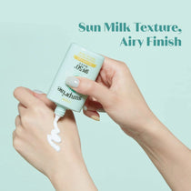 ETUDE Sunprise Mild Airy Finish Sun Milk SPF50+ PA++++ — Helps maintain a balanced-looking finish without excess shine; sun milk texture demonstration.