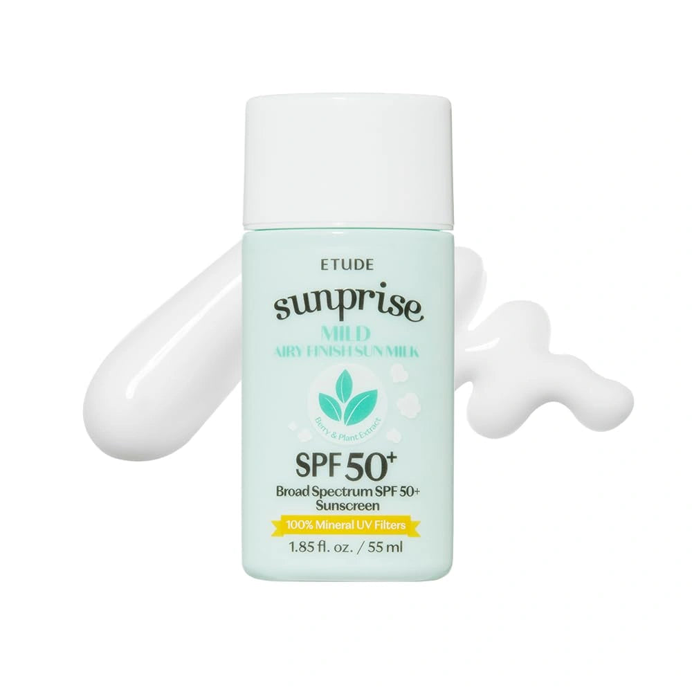 ETUDE Sunprise Mild Airy Finish Sun Milk SPF50+ PA++++ — Mineral UV protection with SPF50+ PA++++; white-background pack and texture.