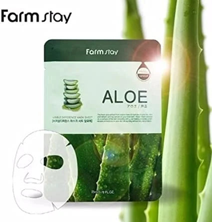 Farmstay Aloe Visible Difference Mask Sheet sachet with a sheet-mask illustration and aloe leaves