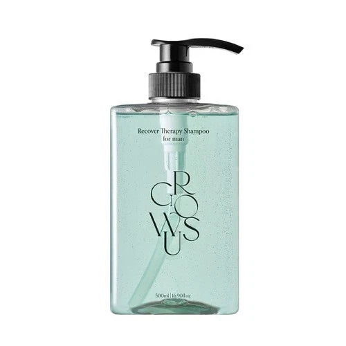 Growus Recover Therapy Shampoo for Men 500ml green pump bottle on white