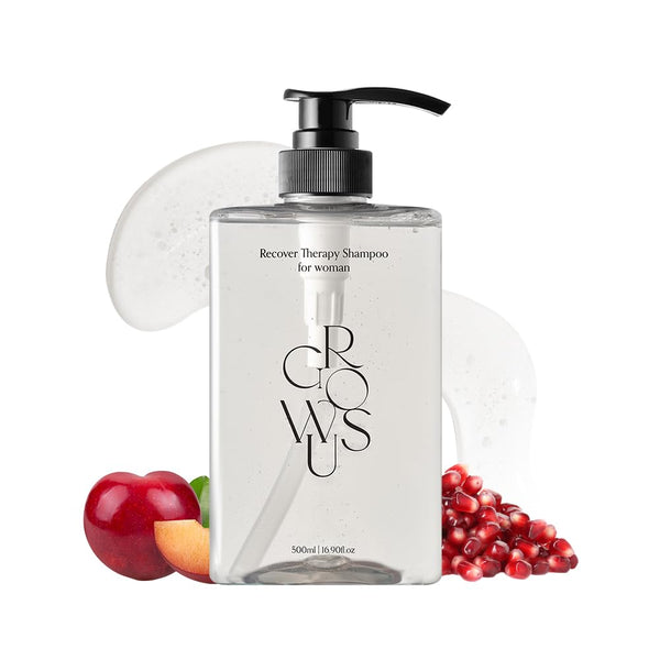 Growus Recover Therapy Shampoo for Women 500ml pump bottle with pomegranate and plum on white