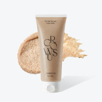 Growus Sea Salt Therapy Scalp Scaler 250 g tube beside a granular scrub texture