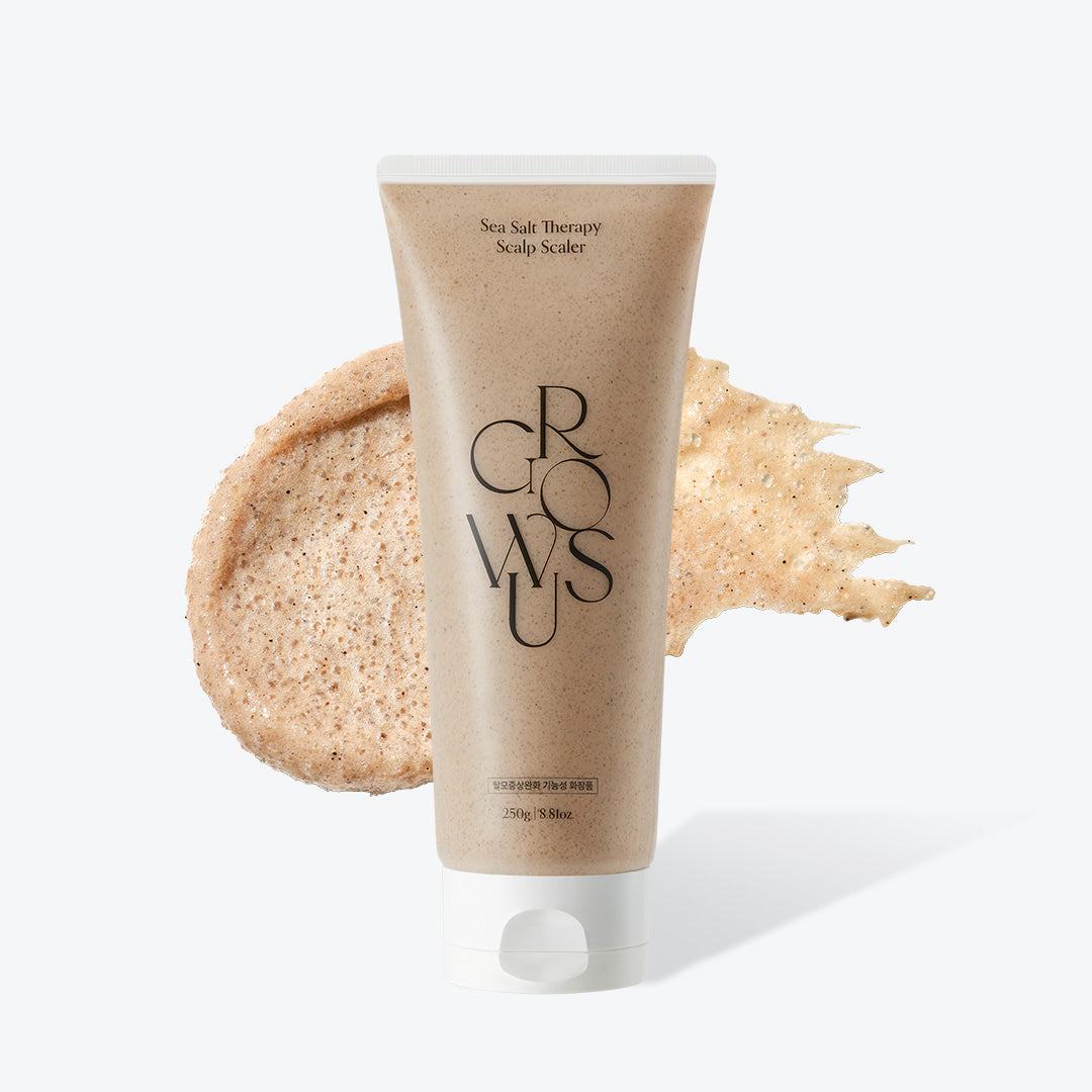 Growus Sea Salt Therapy Scalp Scaler 250 g tube beside a granular scrub texture
