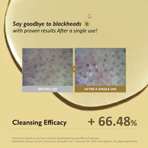 Haruharu Wonder Black Rice Deep Cleansing Oil - 150ml — manufacturer infographic with a close-up before-and-after cleansing test.