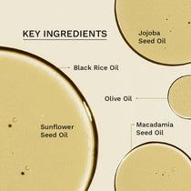 Haruharu Wonder Black Rice Deep Cleansing Oil ingredient chart showing black rice, olive, sunflower, jojoba and macadamia oils.