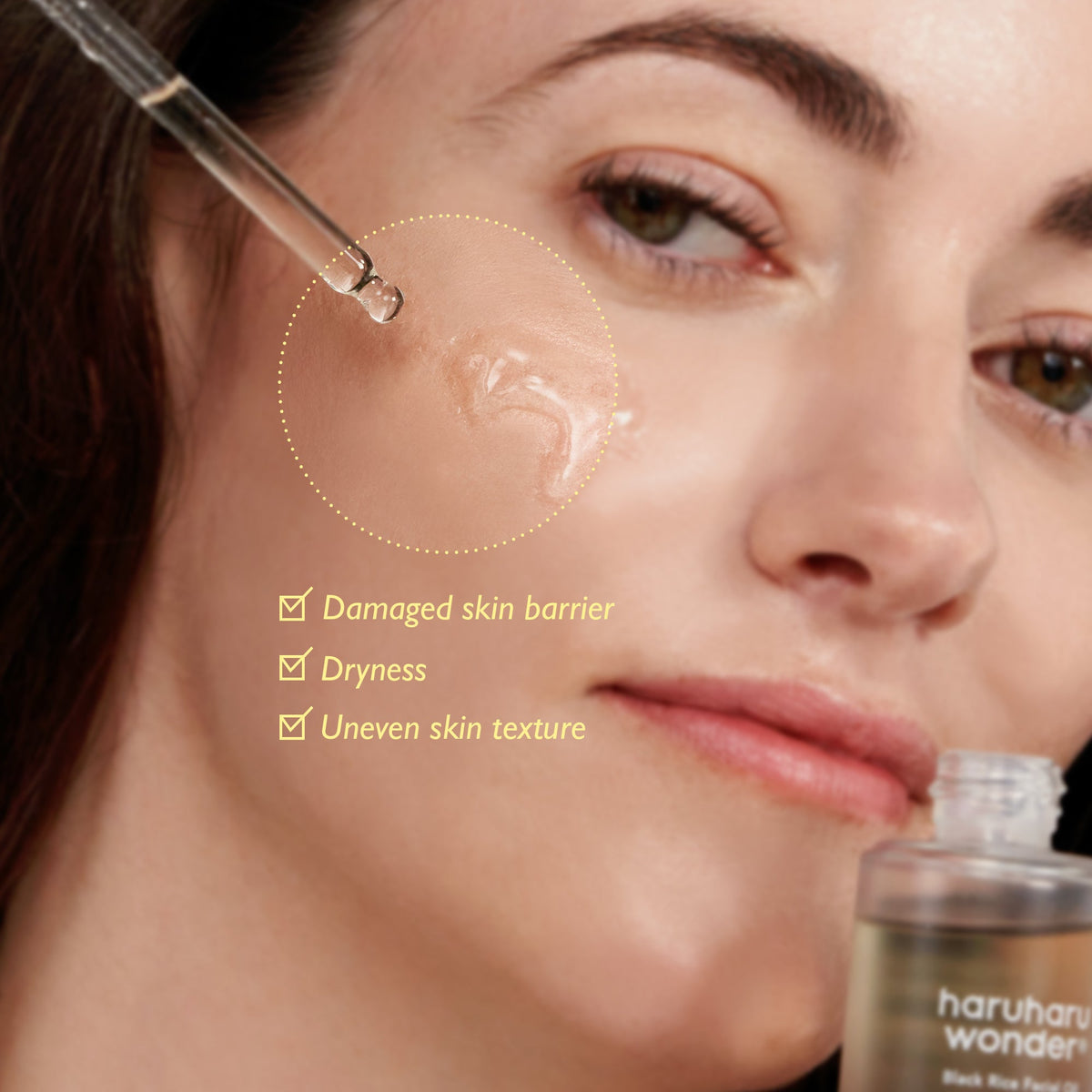 Haruharu Wonder Black Rice Facial Oil — 30 ml facial oil in an application image