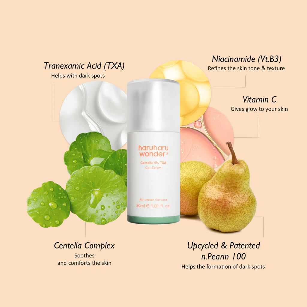 Haruharu Wonder Centella 4% TXA Gel Serum - 30ml — 30 ml TXA serum with the manufacturer’s centella, pear, niacinamide and vitamin C illustration.
