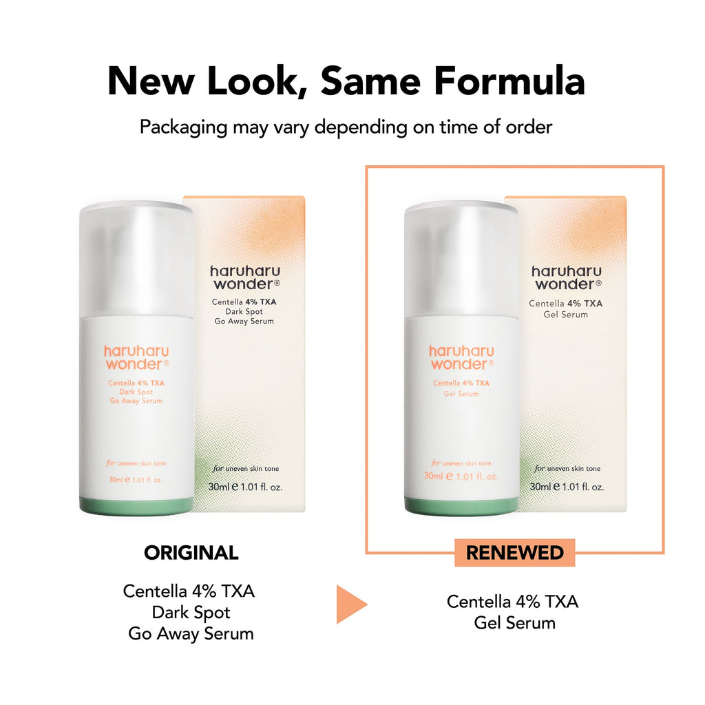 Haruharu Wonder Centella 4% TXA Gel Serum - 30ml — manufacturer comparison of the old Dark Spot Go Away and renewed Gel Serum packaging, labelled as the same formula.