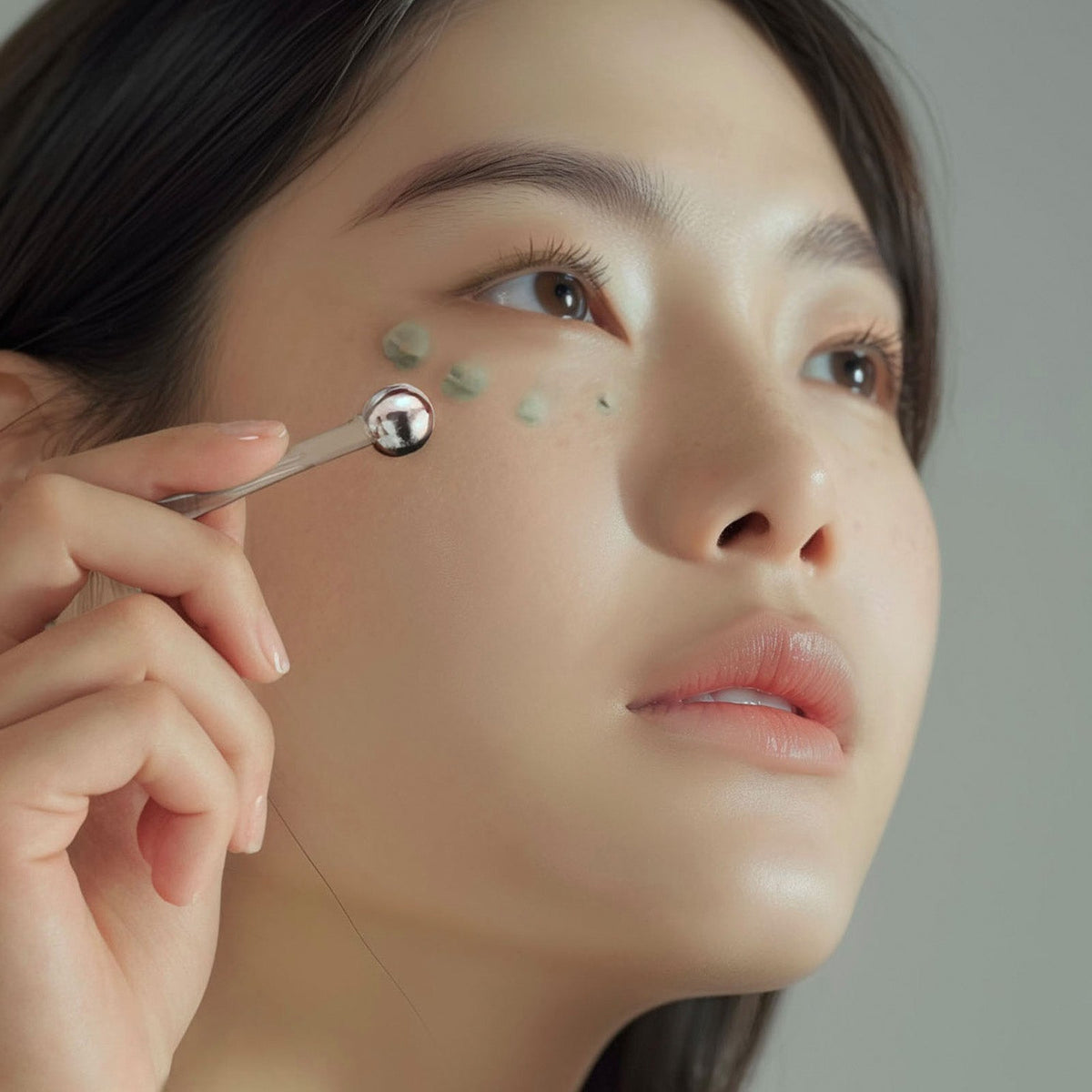 Applying Heimish Marine Care Eye Cream around the eye with its metal applicator