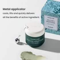 Heimish Marine Care Eye Cream - 30ml — 30 ml jar, matching carton, metal applicator and cream texture in one composition.