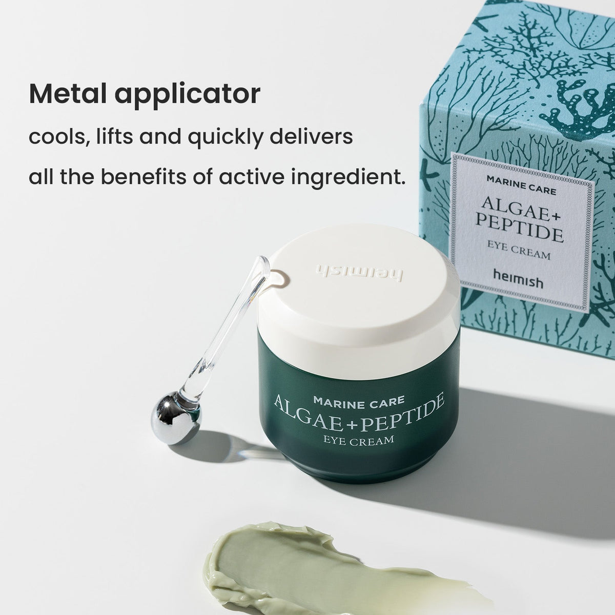 Heimish Marine Care Eye Cream - 30ml — 30 ml jar, matching carton, metal applicator and cream texture in one composition.