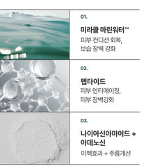 Heimish Marine Care Eye Cream 30 ml — original three-panel illustration of the marine-water complex, peptides, niacinamide and adenosine.