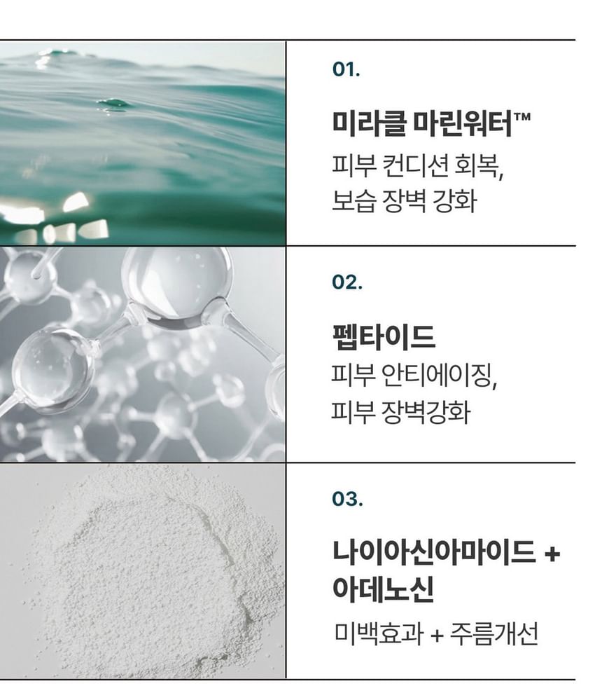 Heimish Marine Care Eye Cream 30 ml — original three-panel illustration of the marine-water complex, peptides, niacinamide and adenosine.
