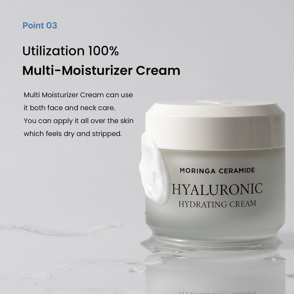 Heimish Moringa Ceramide Hyaluronic Hydrating Cream - 50ml — cream-coated jar beside the manufacturer’s face-and-neck application guidance.