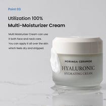 Heimish Moringa Ceramide Hyaluronic Hydrating Cream - 50ml — cream-coated jar beside the manufacturer’s face-and-neck application guidance.