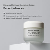 Heimish Moringa Ceramide Hyaluronic Hydrating Cream - 50ml — 50 ml jar on a pedestal beside the manufacturer’s skin-concern information.