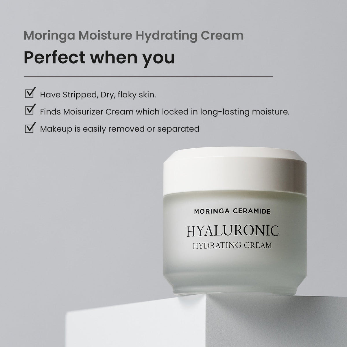 Heimish Moringa Ceramide Hyaluronic Hydrating Cream - 50ml — 50 ml jar on a pedestal beside the manufacturer’s skin-concern information.
