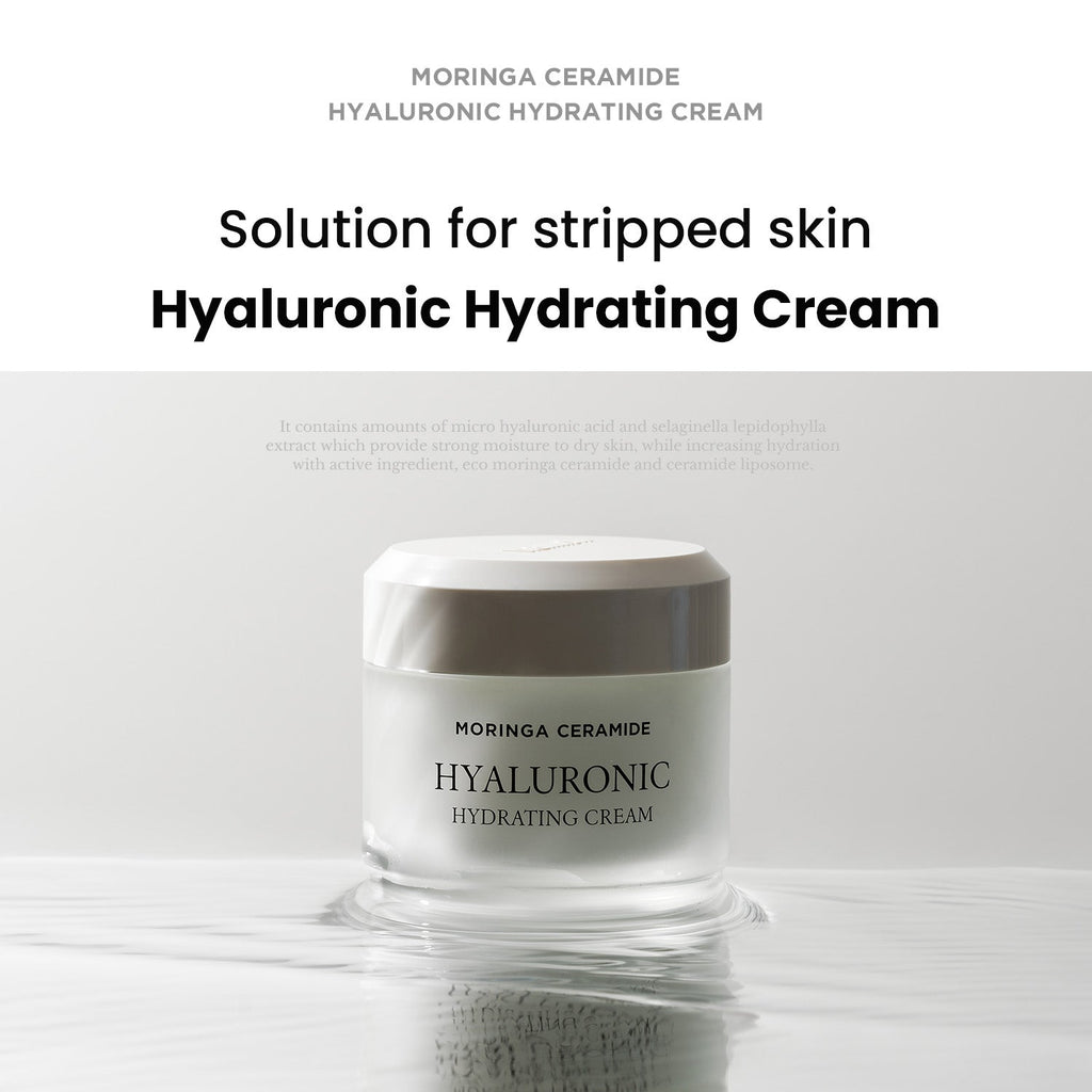 Heimish Moringa Ceramide Hyaluronic Hydrating Cream - 50ml — 50 ml cream jar above water ripples with the manufacturer’s hydration headline.