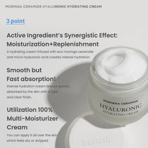 Heimish Moringa Ceramide Hyaluronic Hydrating Cream - 50ml — open 50 ml cream jar and lid with the manufacturer’s product-feature labels.