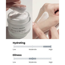 Heimish Moringa Ceramide Hyaluronic Hydrating Cream — cream lifted from the jar and spread on the back of a hand, with texture scales.