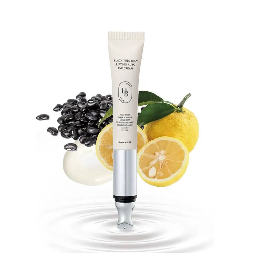 Heveblue Black Yuja Bean Lifting Auto Eye Cream — 15 ml eye cream with integrated applicator on a white background