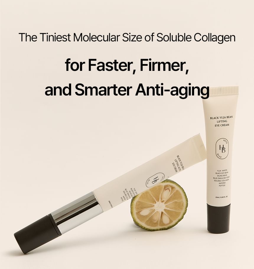 Heveblue Black Yuja Bean Lifting Auto Eye Cream 15 ml — tube beside yuja fruit.